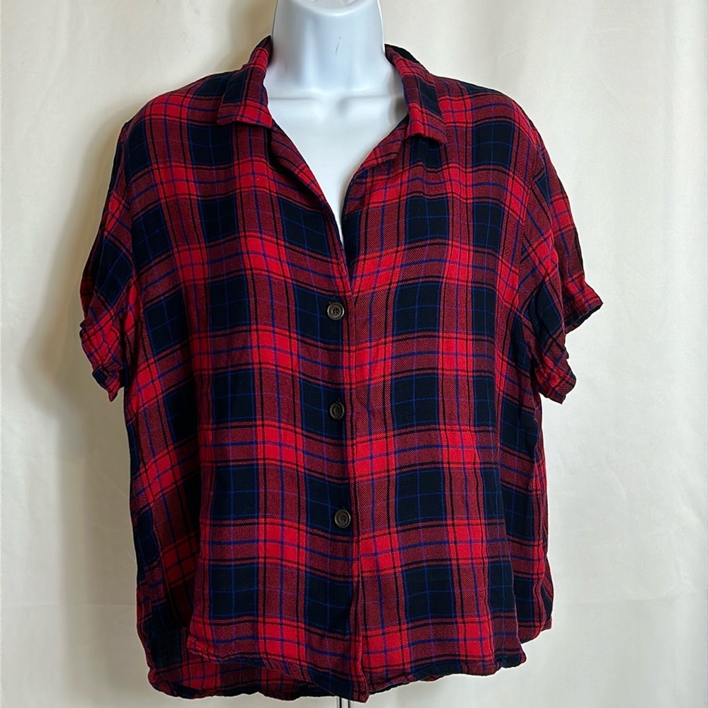 Life Clothing Co Led Zeppelin Women’s Size XL Red Blue Plaid Shirt Logo On Back